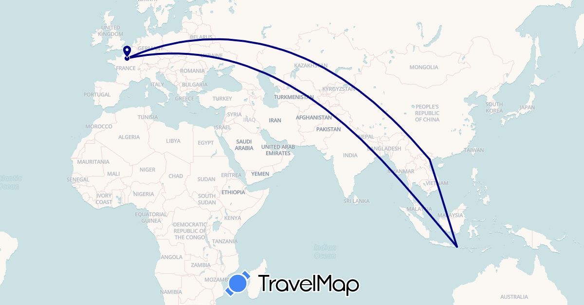 TravelMap itinerary: driving in France, Indonesia, Vietnam (Asia, Europe)